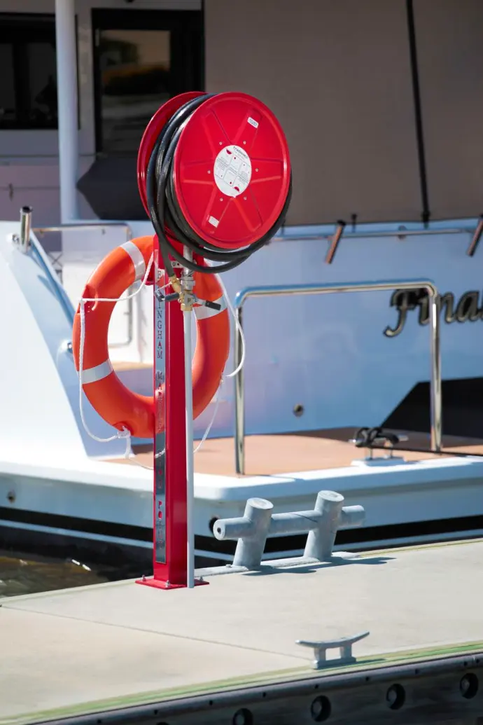Marina fire safety equipment including hose reel and extinguisher cabinet by M-Tech