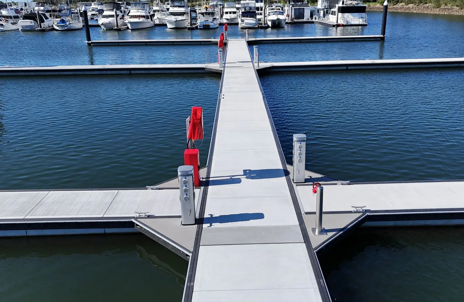Marina emergency fire station positioned along a pontoon walkway