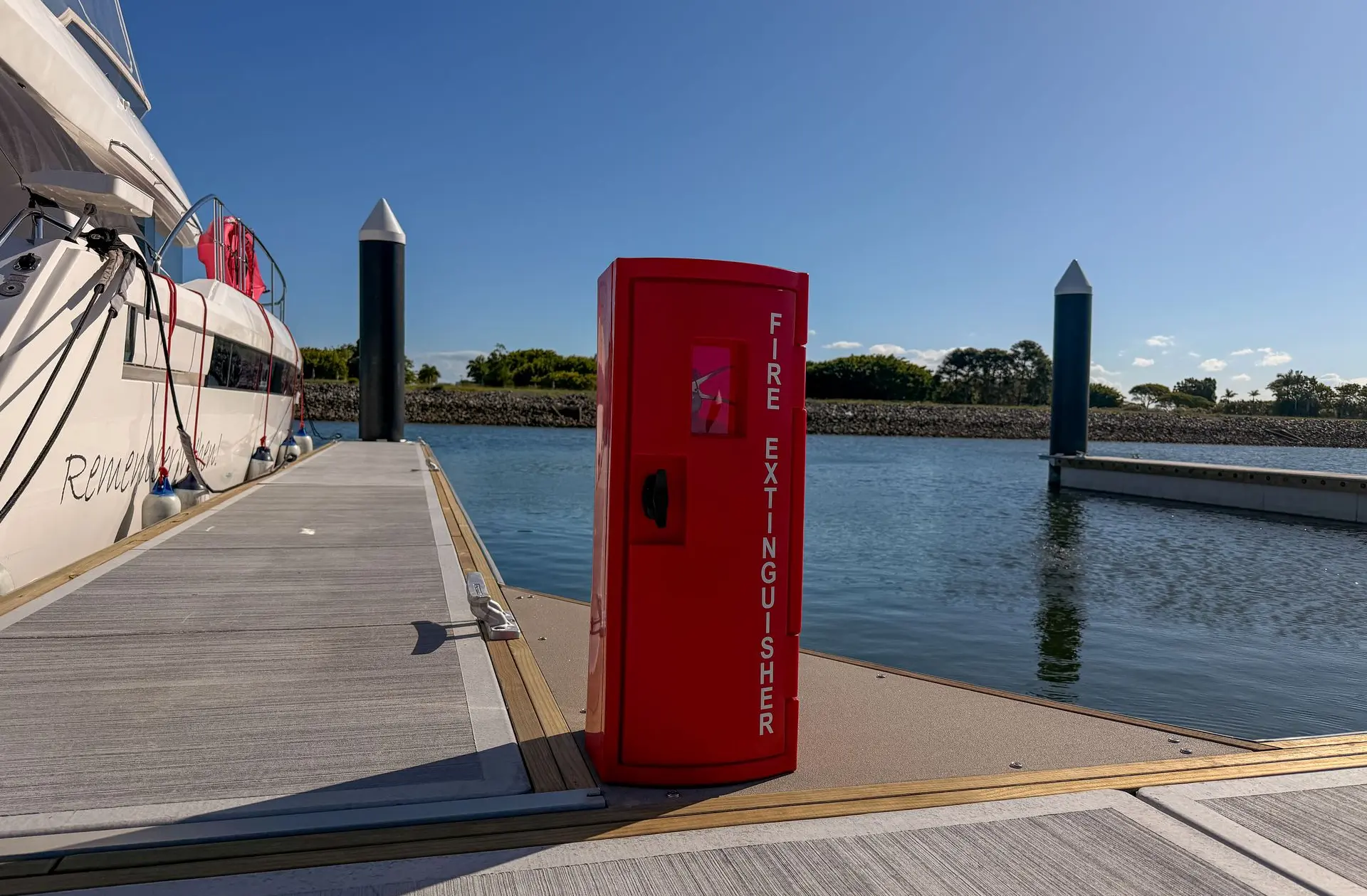 Fire extinguisher cabinet installed for marina fire safety compliance